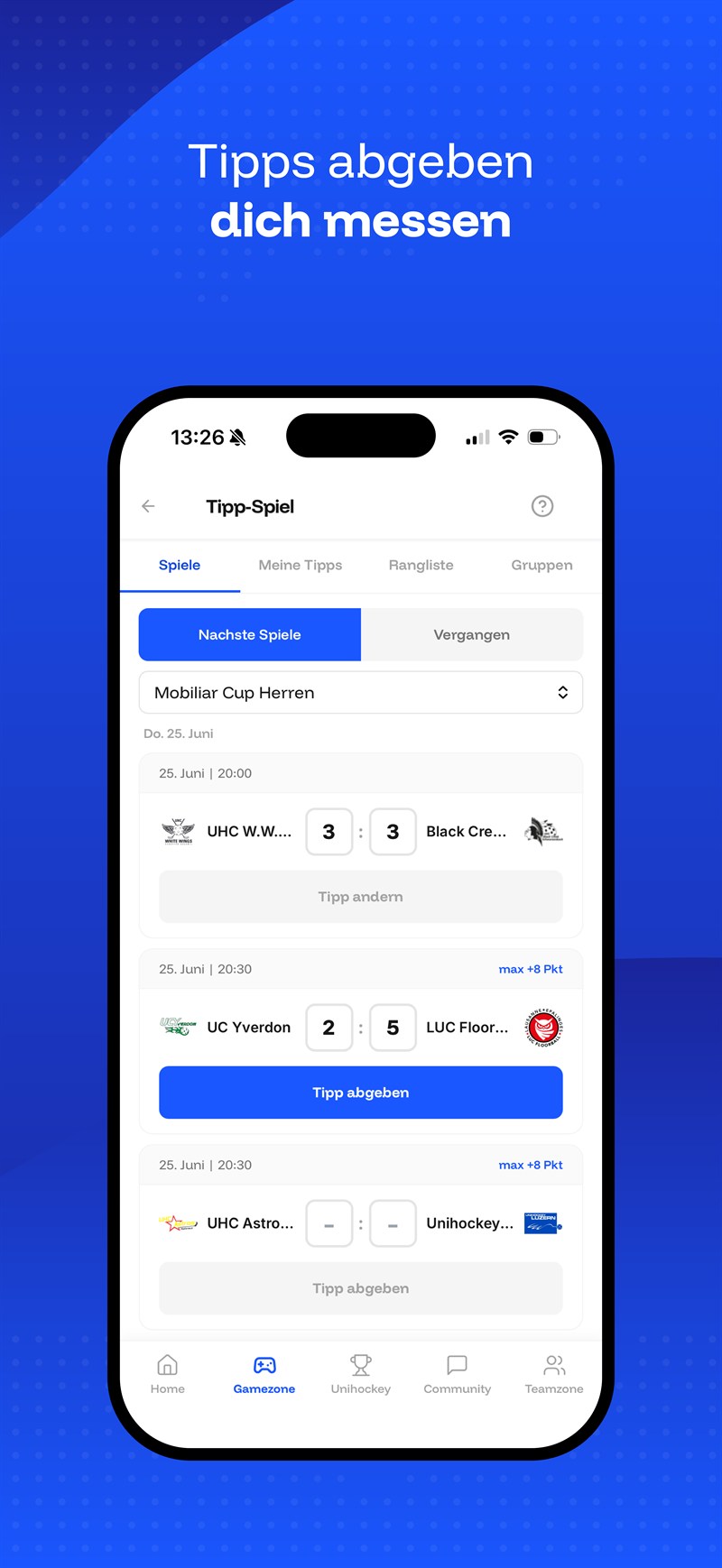 Tippspiel-Ansicht der Playmakerz-App