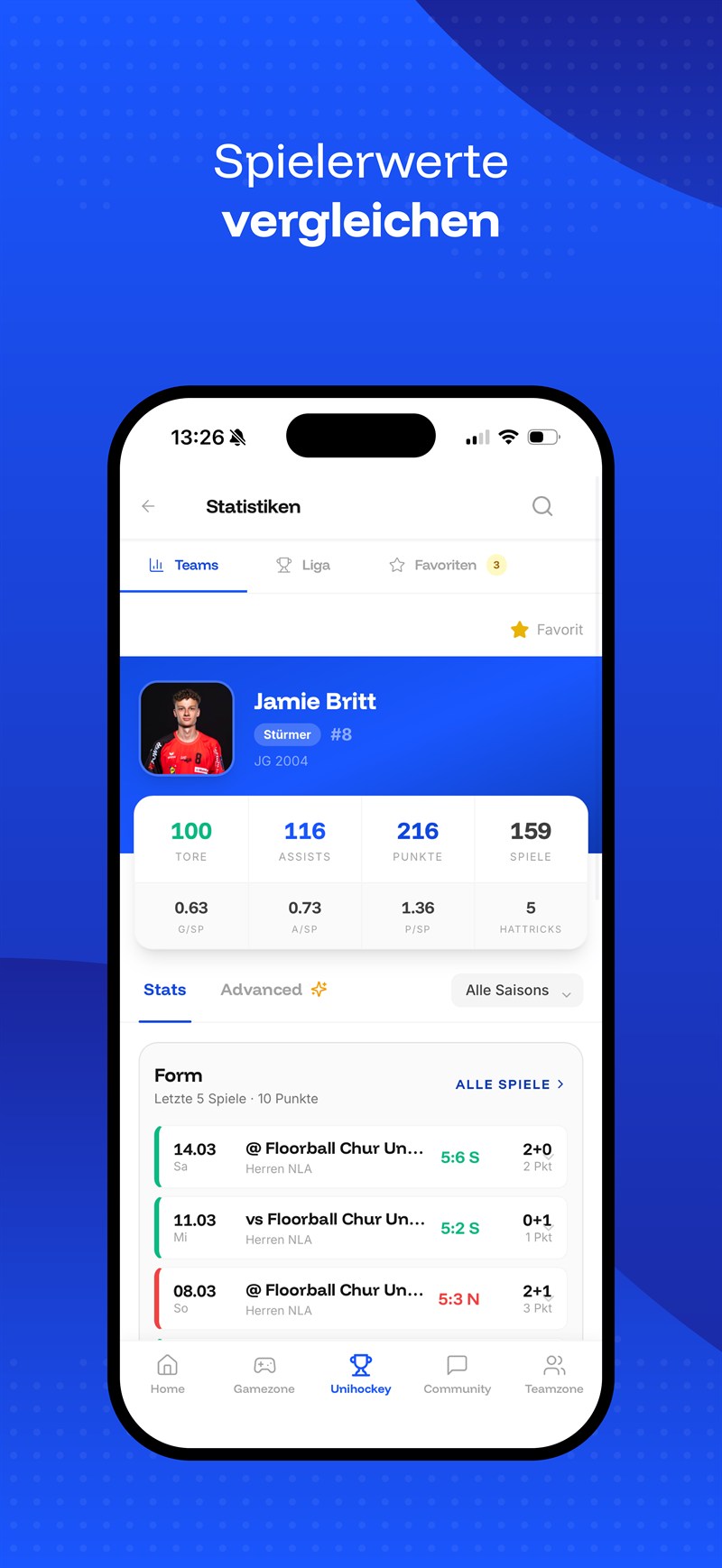 Statistik-Ansicht der Playmakerz-App